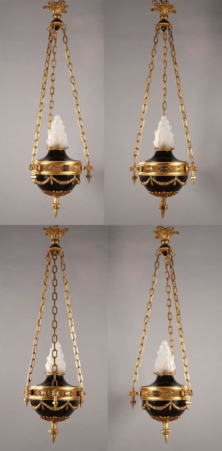 Set of Four French Louis XVI Style Bronze and Porphyry Ceiling Lamps, circa 1880
