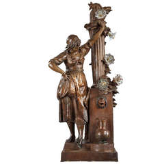“Young Girl at The Fountain”  Large French Terracotta Sculpture Lamp, circa 1880