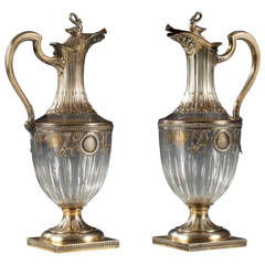 19th Century Pair of Crystal and Silver Ewers
