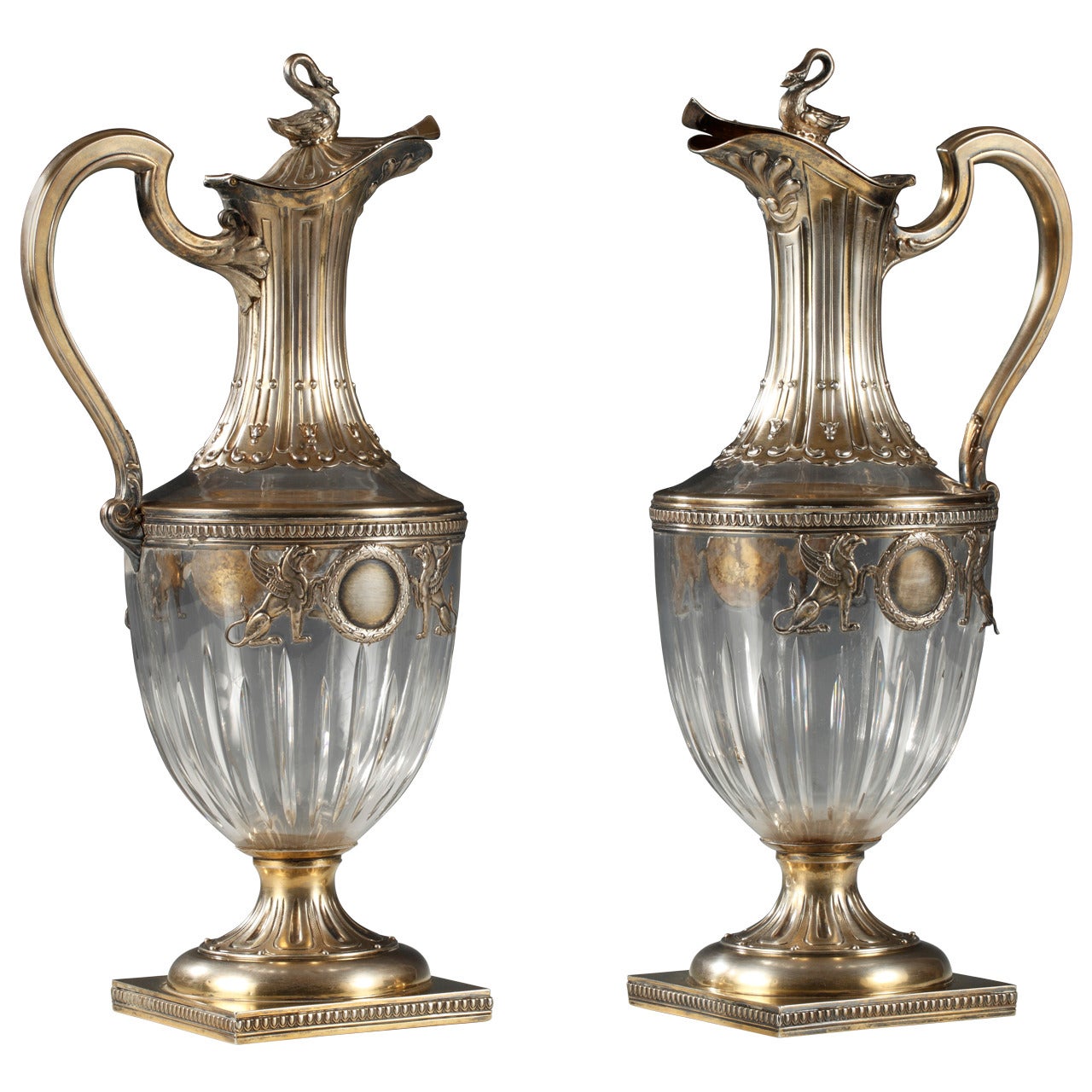 19th Century Pair of Crystal and Silver Ewers For Sale