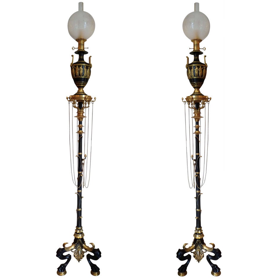 F. Barbedienne Pair of French Neo-Pompeian Bronze Floor Lamps, circa 1855 For Sale