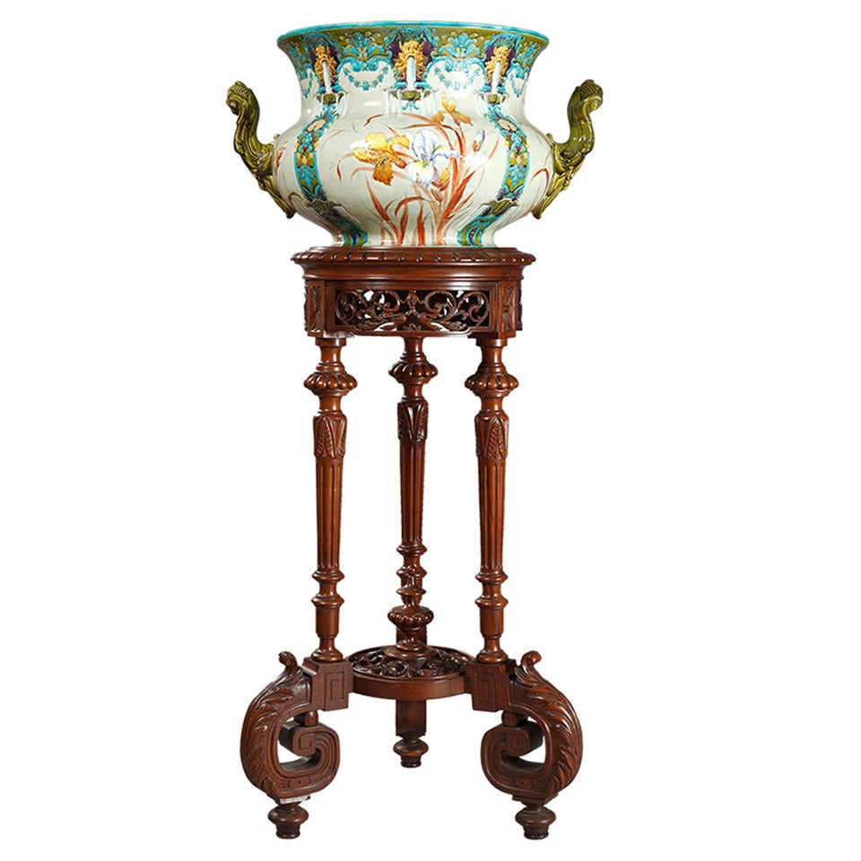 Gien, French Faience Jardiniere on Its Natural Walnut Stand, circa 1880 For Sale
