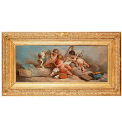 “Putti painting a portrait” - A French Painting Inspired by F. Boucher, C. 1870