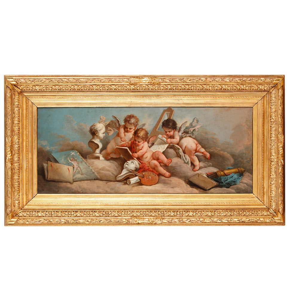 “Putti painting a portrait” - A French Painting Inspired by F. Boucher, C. 1870 For Sale