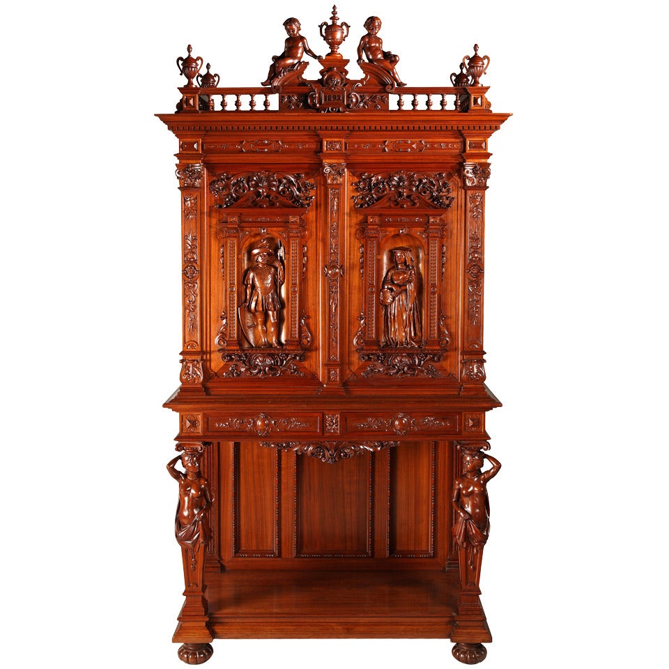 A French Renaissance Style Wood Carved Cabinet, 1893 For Sale
