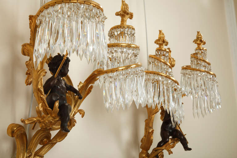 19th Century Pair of French Gilt Bronze and Crystal Wall Lights