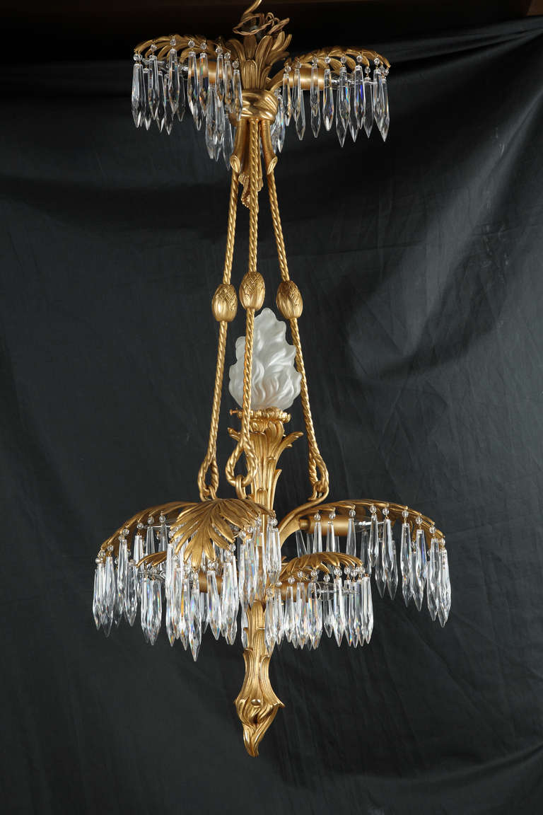 Belle Époque French Gilt Bronze and Crystal Palm Chandelier For Sale