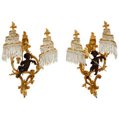 Antique Pair of French Gilt Bronze and Crystal Wall Lights