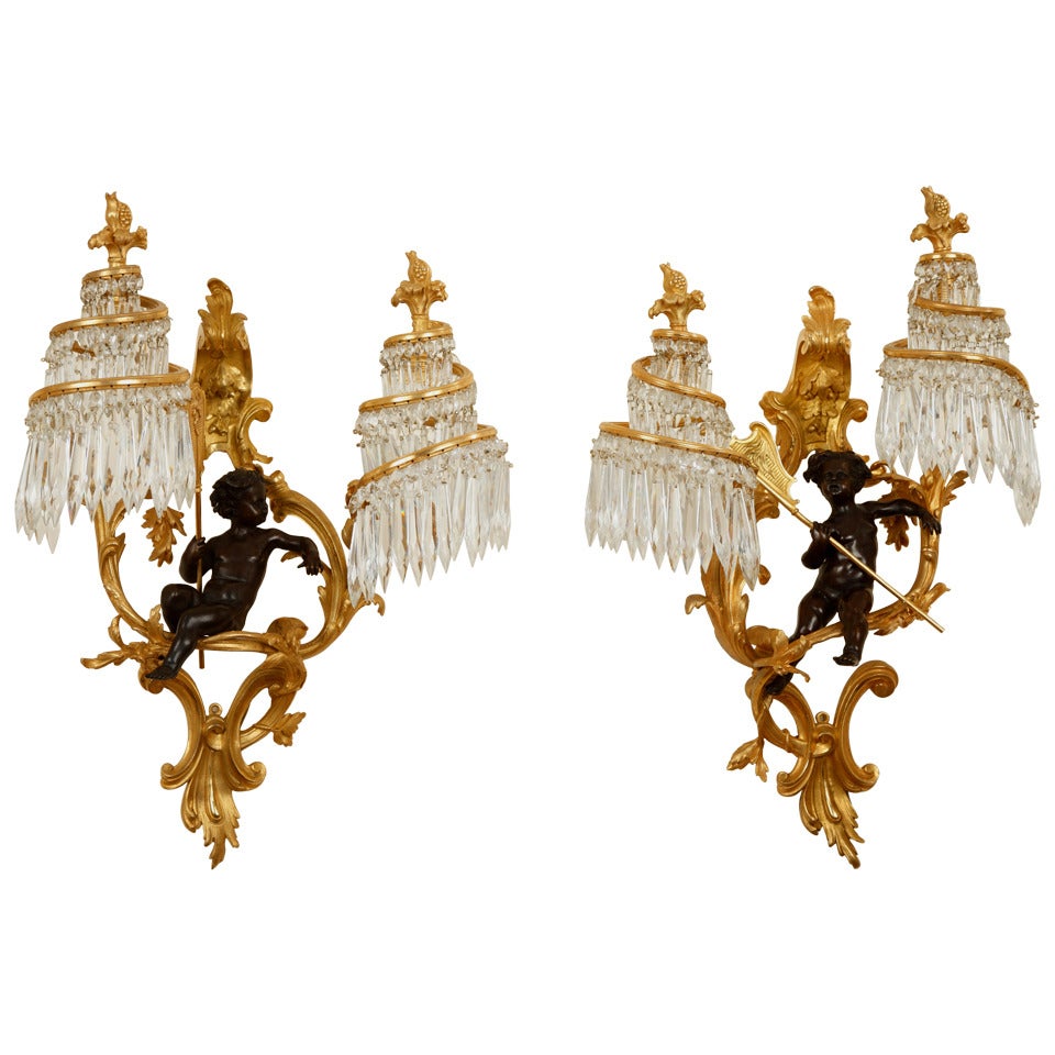 Pair of French Gilt Bronze and Crystal Wall Lights