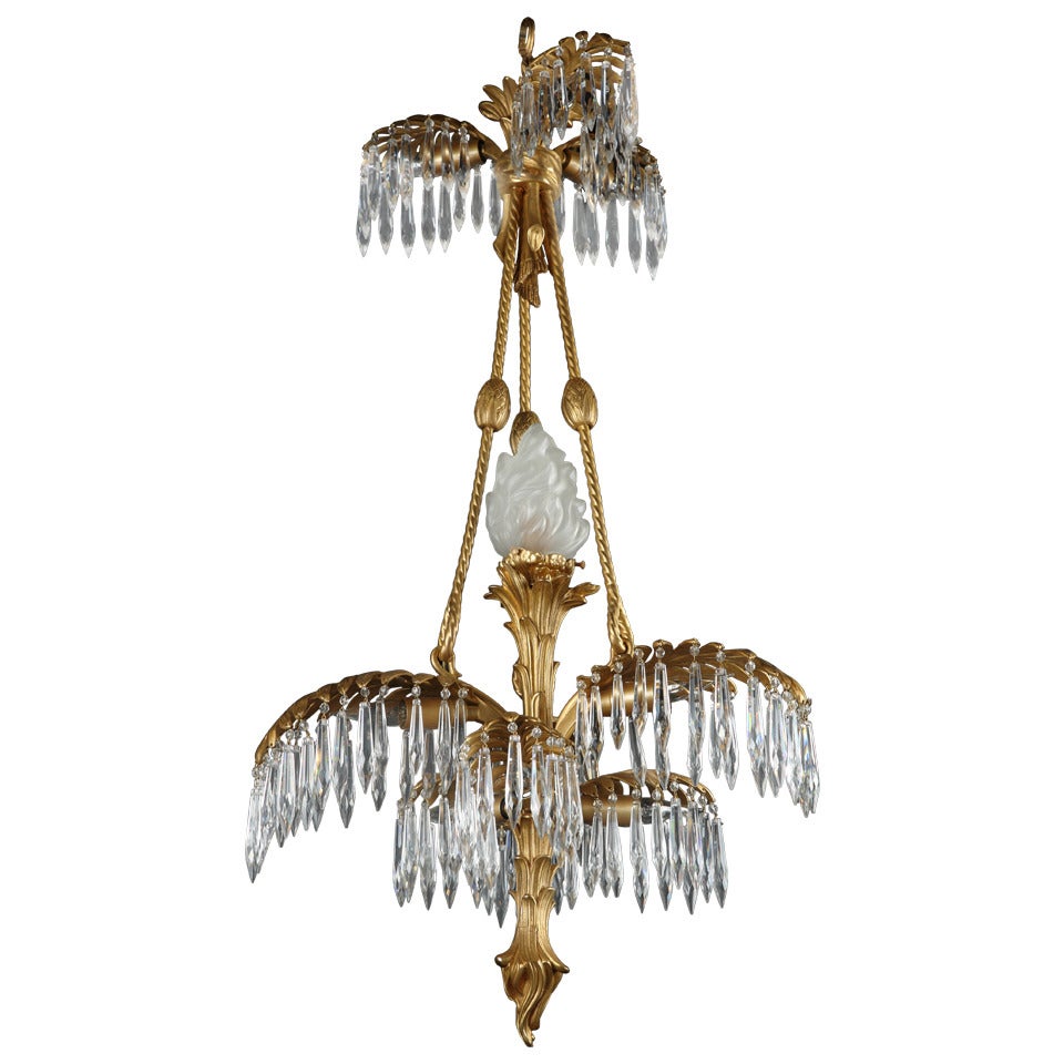 French Gilt Bronze and Crystal Palm Chandelier For Sale