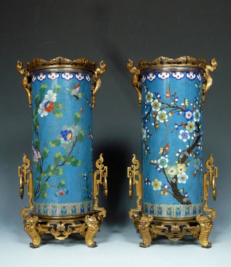 Pair of “Cloisonné” Enamel Bronze Vases, Attributed to F. Barbedienne, 1870 In Good Condition For Sale In Paris, FR