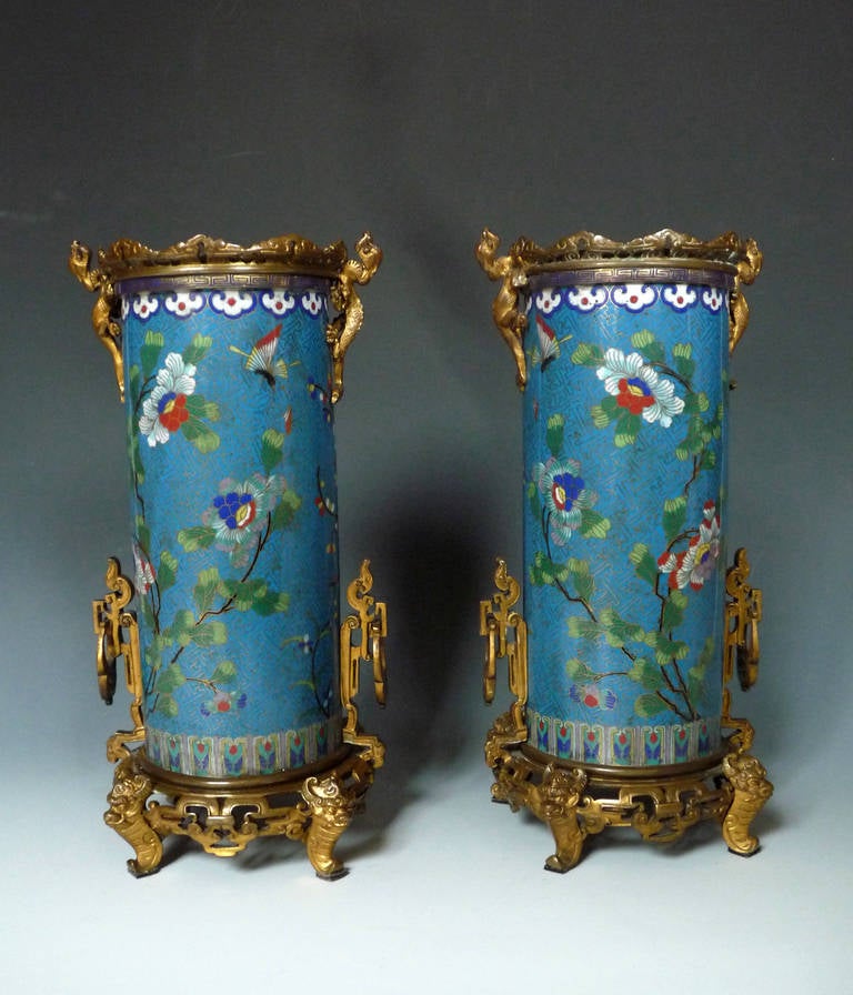 French Pair of “Cloisonné” Enamel Bronze Vases, Attributed to F. Barbedienne, 1870 For Sale