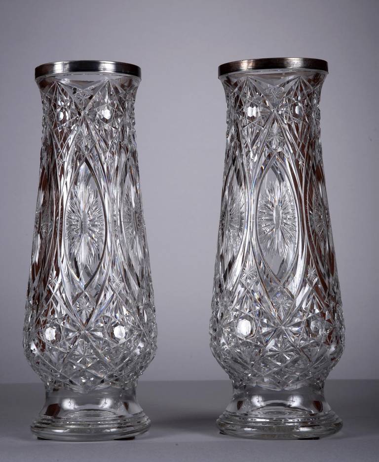 Pair of Sterling Mounted Crystal Vases, Attributed to Baccarat, circa 1920