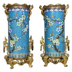 Antique Pair of “Cloisonné” Enamel Bronze Vases, Attributed to F. Barbedienne, 1870