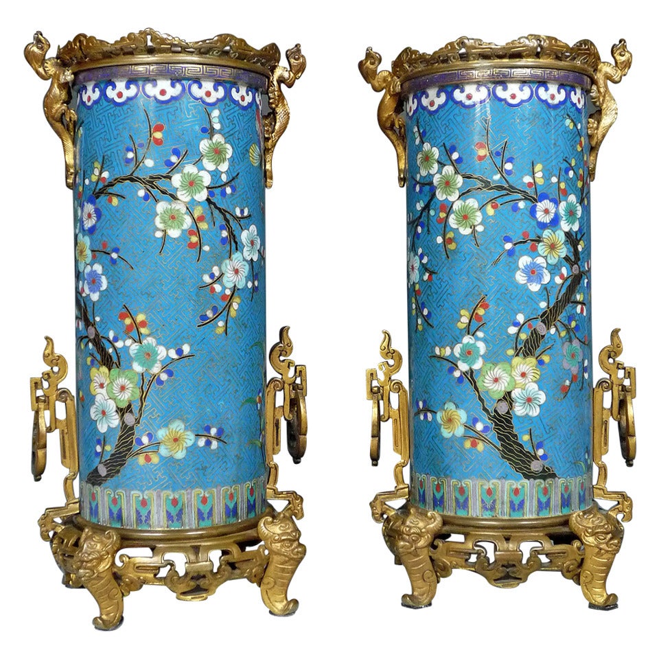 Pair of “Cloisonné” Enamel Bronze Vases, Attributed to F. Barbedienne, 1870 For Sale