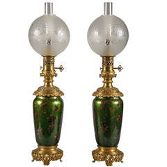 Antique Pair of French Napoleon III Eglomized Glass Lamps, circa 1880