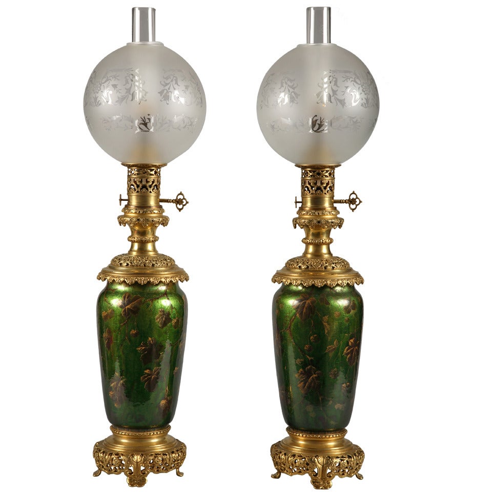 Pair of French Napoleon III Eglomized Glass Lamps, circa 1880 For Sale