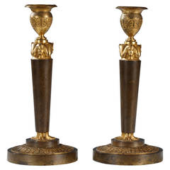 Antique Pair of French Empire Period Bronze Candlesticks, circa 1810