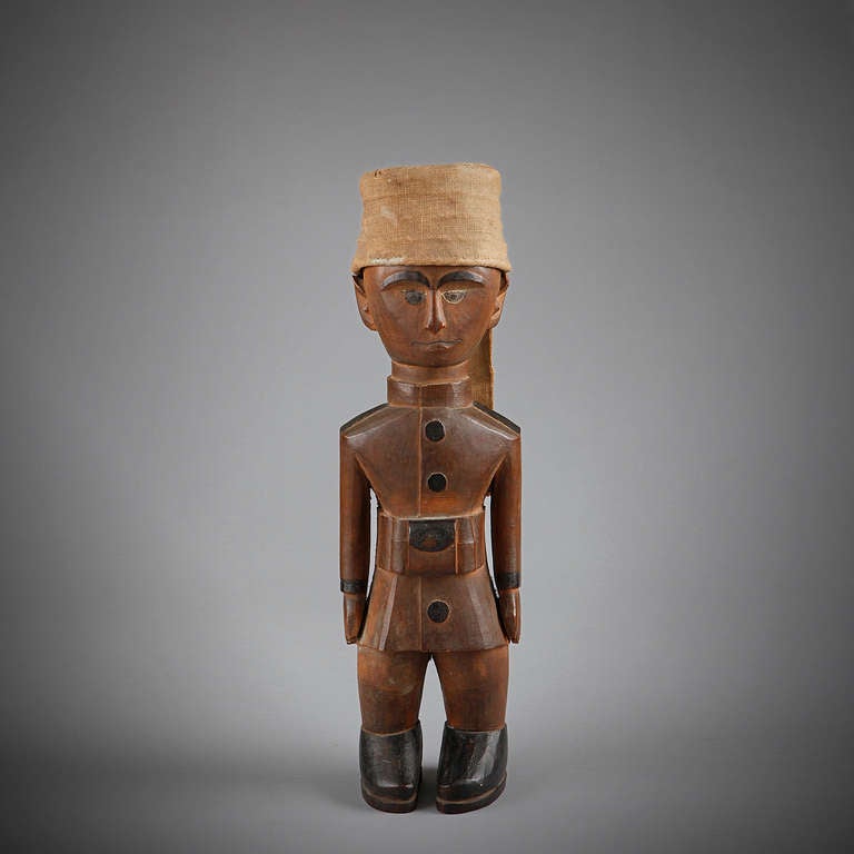 In response to the large influx of Europeans to Africa in the 19th century, local African carvers began producing works for sale to non-indigenous travelers such as soldiers, colonial officials and hunters. Mostly figurative and carved of wood or
