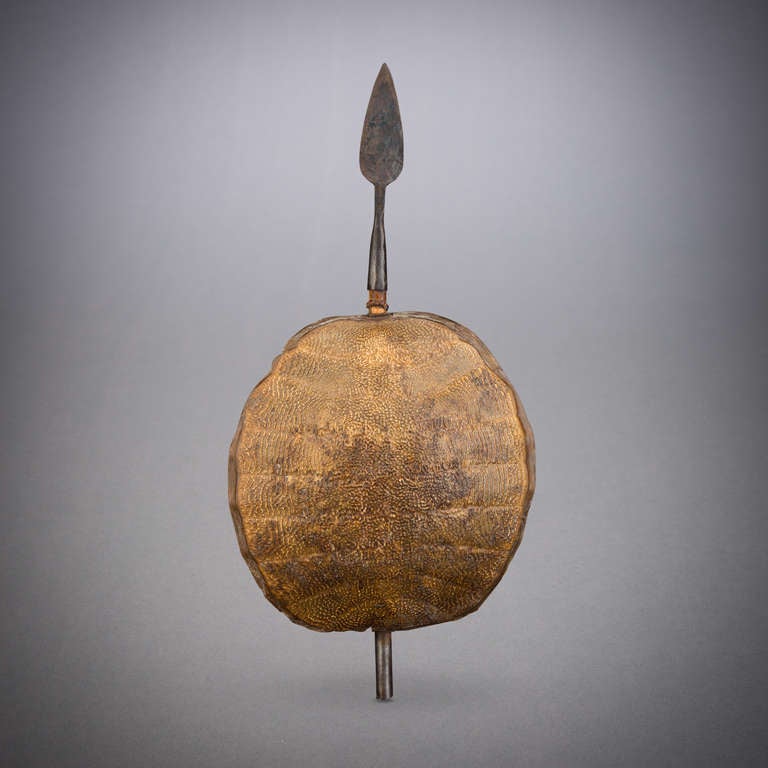 This rare object was created by the Shilluk people of Sudan. It features an iron javelin head and partial wooden shaft fixed to the back of an aged tortoise shell. The tortoise shell has a beautiful texture and warm, honey color.

Tribal art is