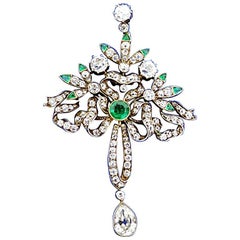 Victorian Emerald Diamond Pendant or Brooch, circa 1860
