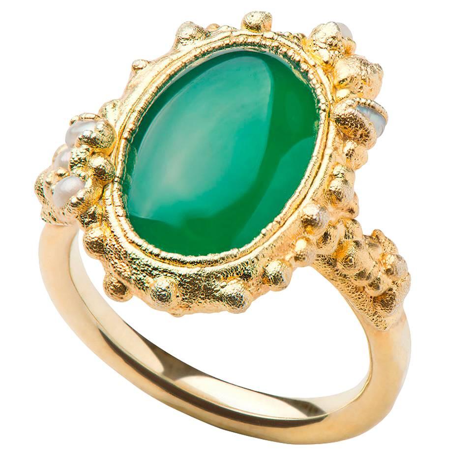 Milena Kovanovic Green Agate and Seed Pearl Gold Vermeil Silver Cocktail Ring For Sale