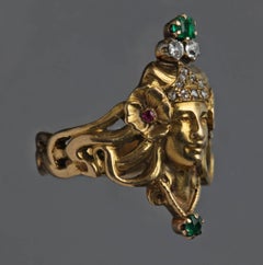 Andre Rambour Art Nouveau Emerald Ruby Diamond Gold Engagement Ring