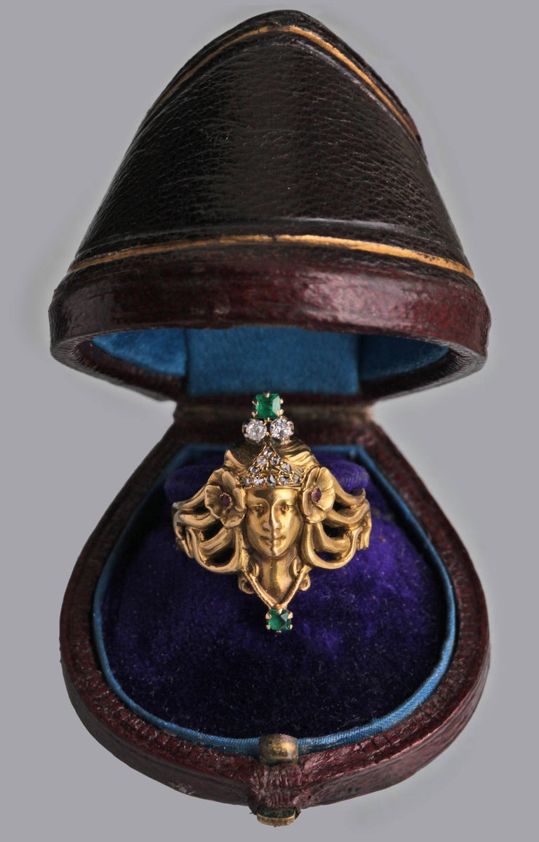 Andre Rambour Art Nouveau Emerald Ruby Diamond Gold Engagement Ring For Sale 3