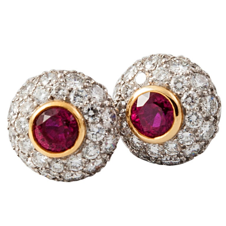 Tiffany Natural Burma Ruby Diamond Cluster 18 Karat Gold Platinum Ear Studs For Sale