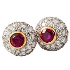 Tiffany Natural Burma Ruby Diamond Cluster 18 Karat Gold Platinum Ear Studs