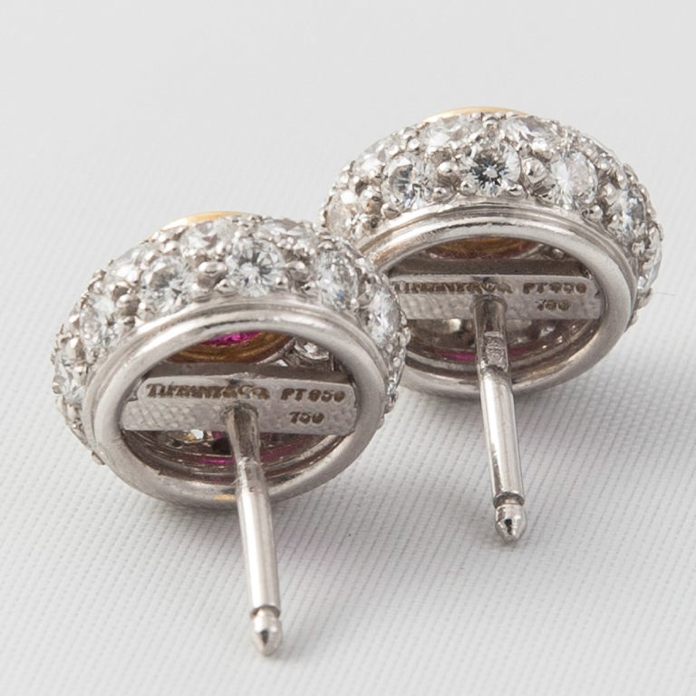 Women's Tiffany Natural Burma Ruby Diamond Cluster 18 Karat Gold Platinum Ear Studs For Sale