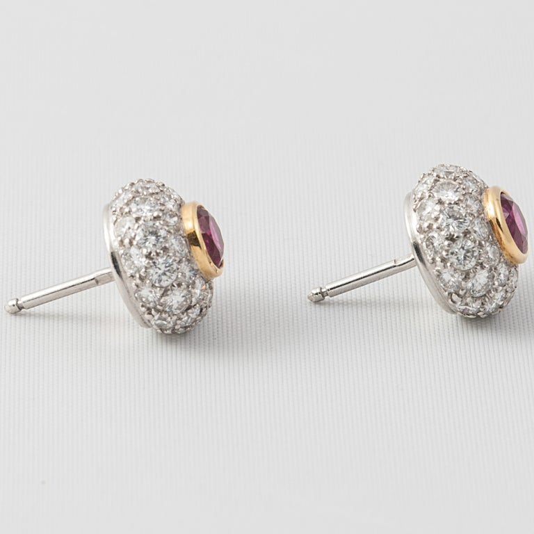 Tiffany Natural Burma Ruby Diamond Cluster 18 Karat Gold Platinum Ear Studs For Sale 1
