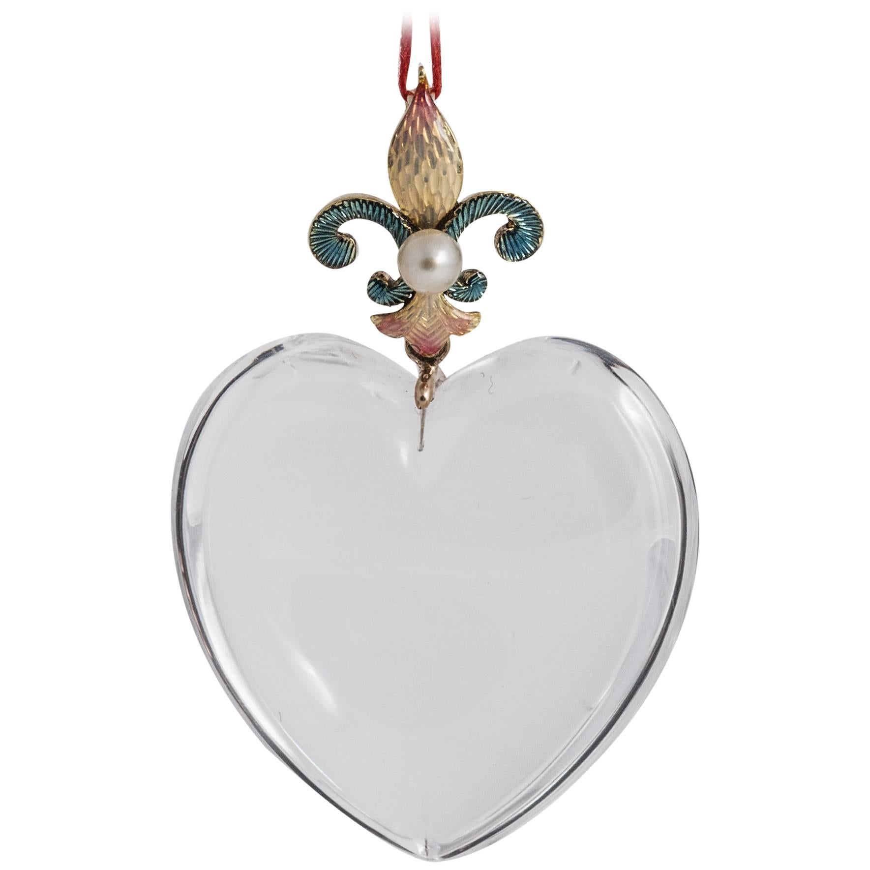 Rock Crystal Pearl Gold Heart Pendant, circa 1910 For Sale