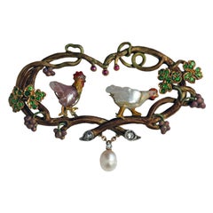 Wilhelm Lucas Von Cranach Cockerel Hen Diamond Garnet Pearl Ruby Gold Brooch