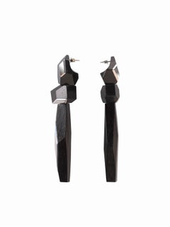 Matar Hand-Carved Jet Black Ebony Block Rose Inlays Drop Earrings