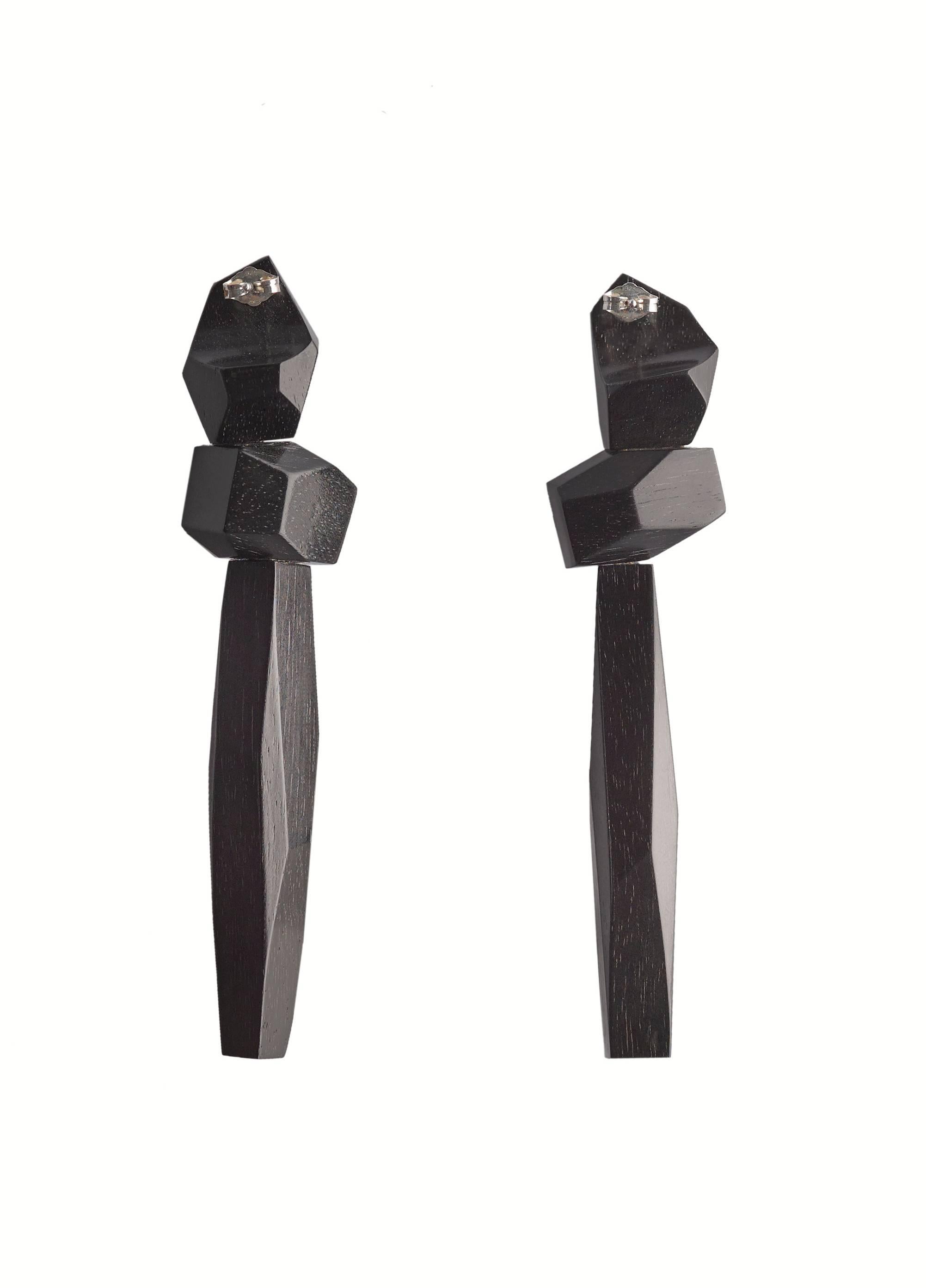 Modern Matar Hand-Carved Jet Black Ebony Block Rose Inlays Drop Earrings For Sale