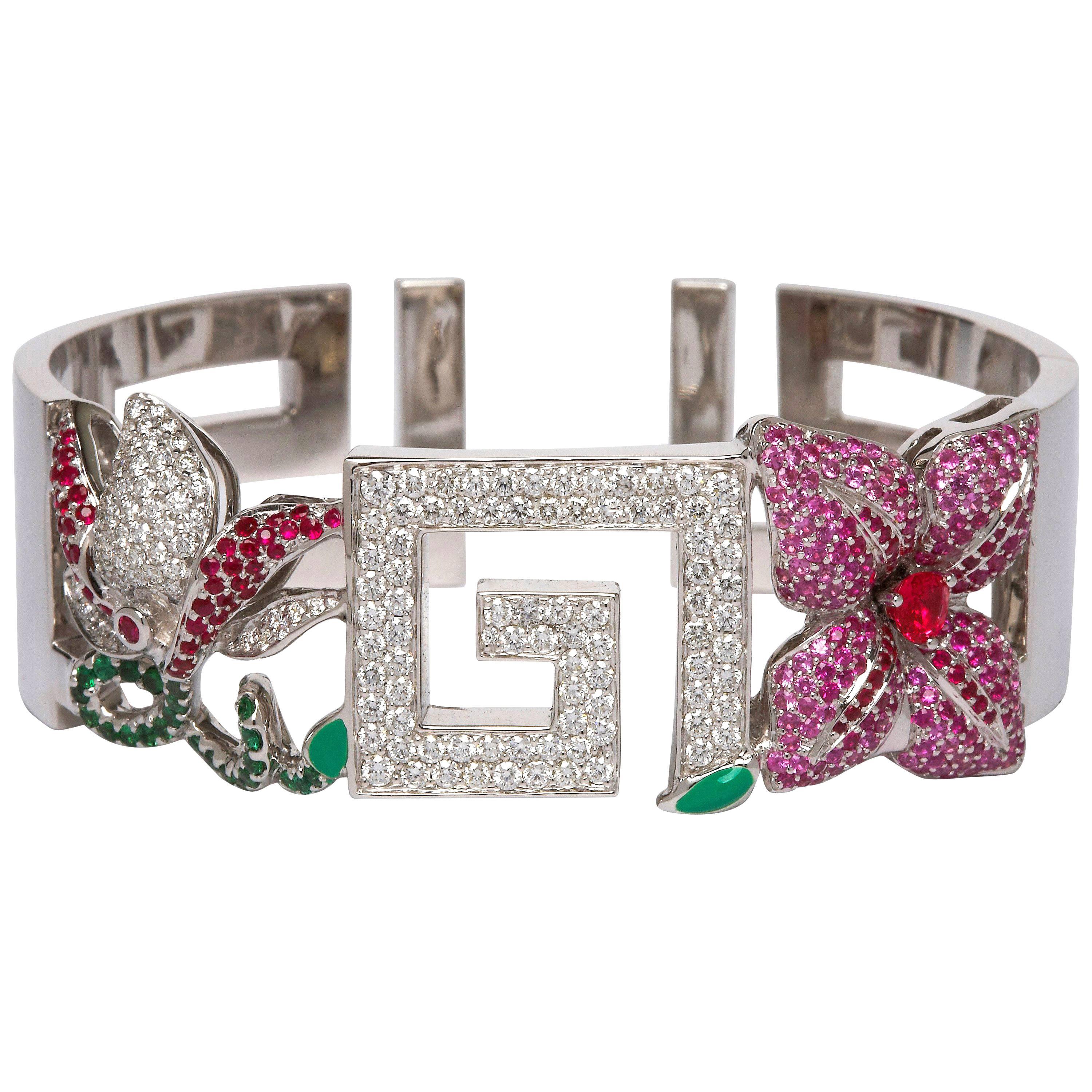 Greek Key White Gold Diamond Ruby Spinel Pink Sapphire Cuff Braclet For Sale