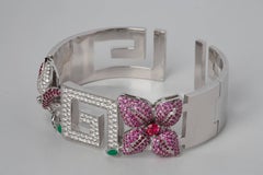 Greek Key White Gold Diamond Ruby Spinel Pink Sapphire Cuff Braclet