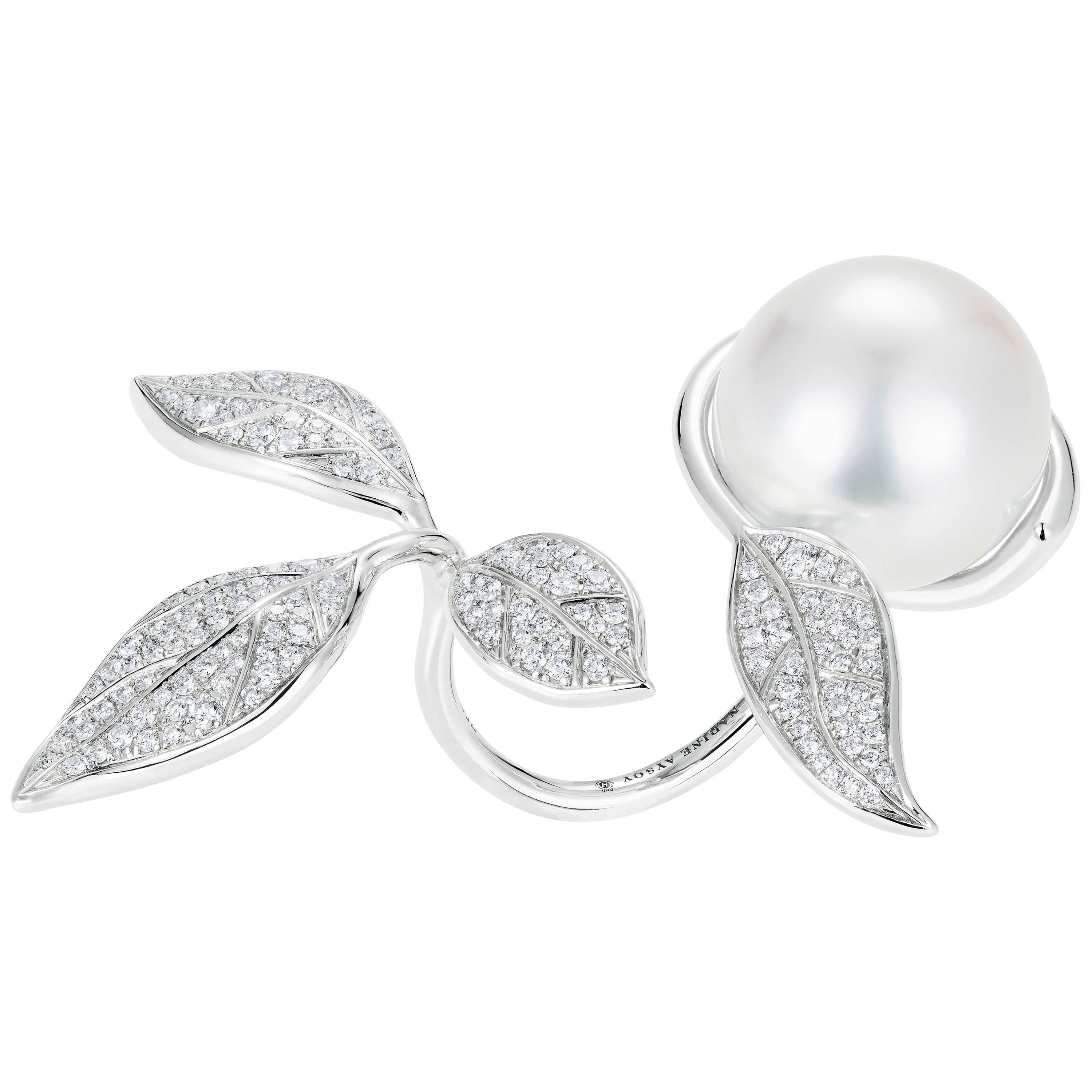 18 Karat White Gold, White Diamond and South Sea Pearl Leaf Cocktail Ring For Sale