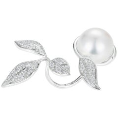 18 Karat White Gold, White Diamond and South Sea Pearl Leaf Cocktail Ring