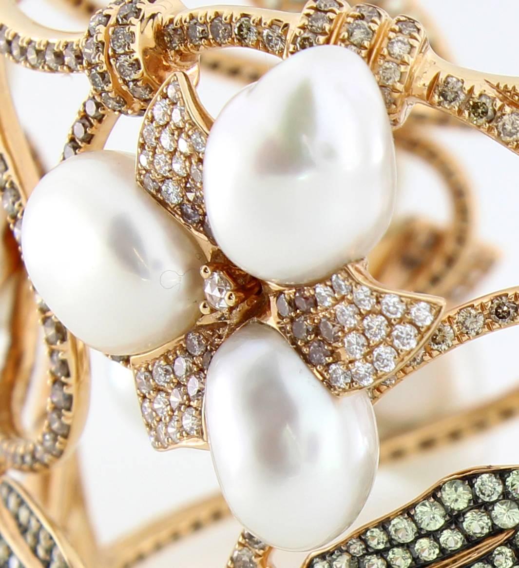 Round Cut Autore South Sea Keshi Pearl Diamond Sapphire Cuff Bracelet For Sale