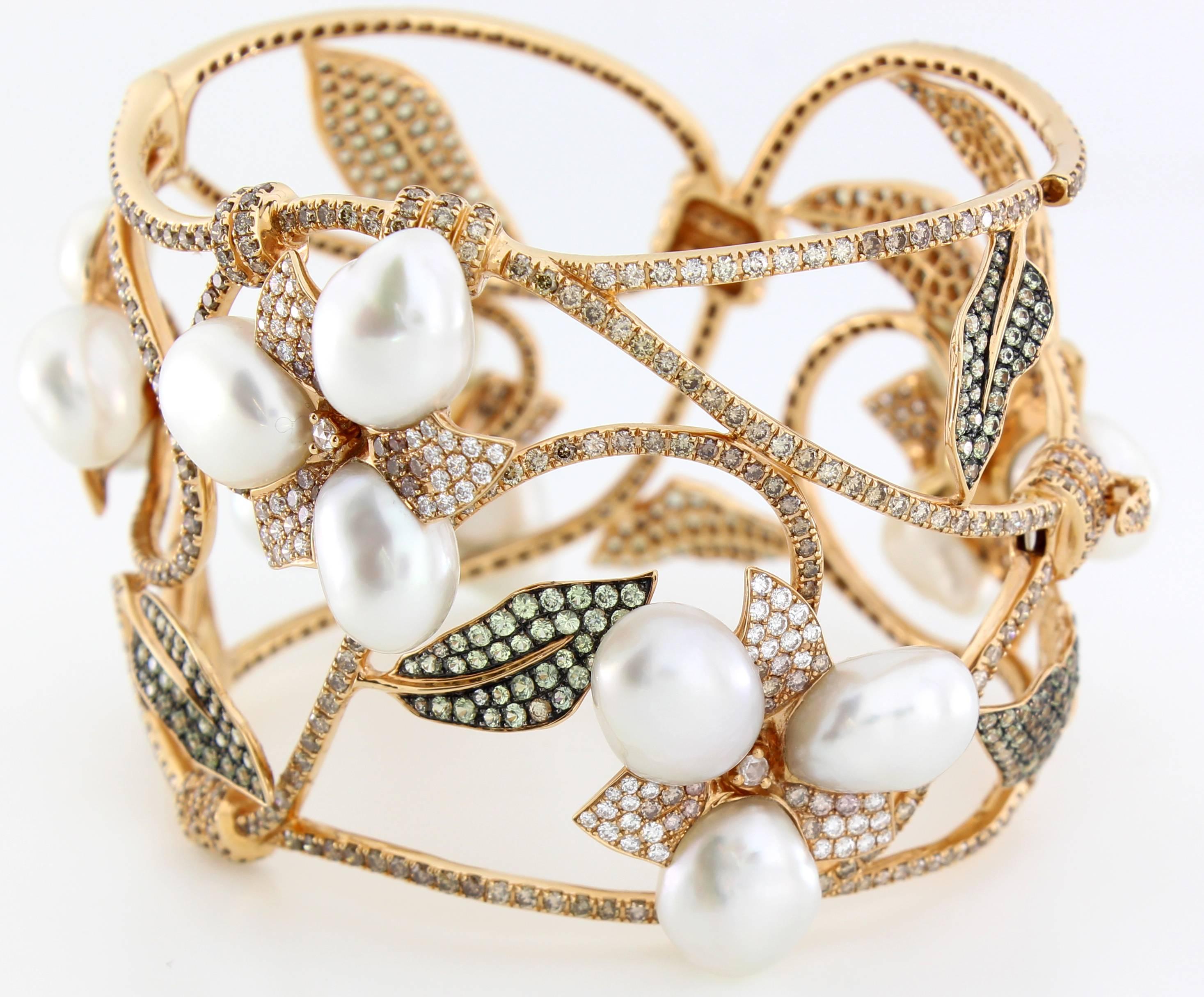 Autore South Sea Keshi Pearl Diamond Sapphire Cuff Bracelet In New Condition For Sale In Sydney, AU