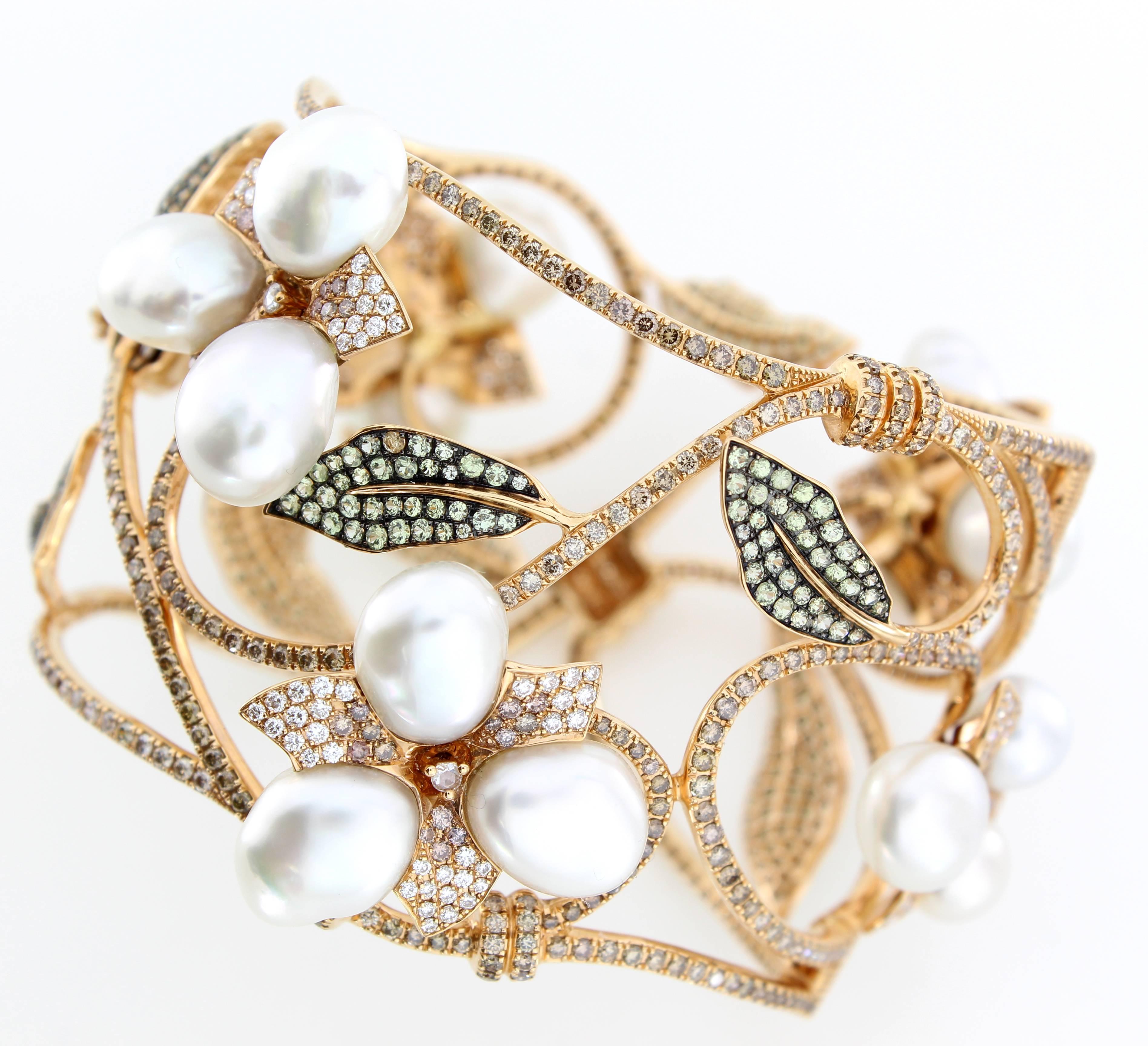 Autore South Sea Keshi Pearl Diamond Sapphire Cuff Bracelet For Sale 2