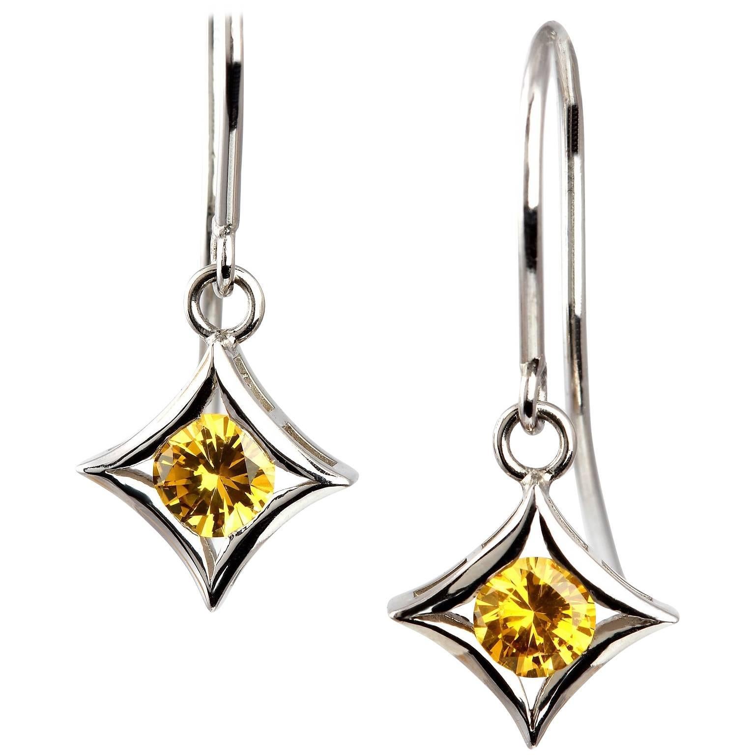 Kian Design 18 Carat White Gold Round Yellow Ceylon Sapphire Dangle Earrings