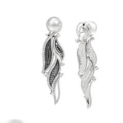 Stylish Earrings White Diamonds White Gold Pearls HandDecorated with Micromosaic