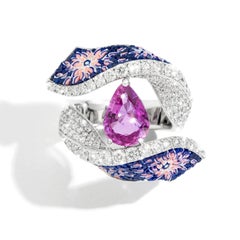 Cocktail Ring White Gold White Diamonds Pink Sapphire HandDecorated Micromosaic