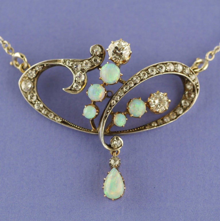 Women's Art Nouveau Diamond Opal Pendant/Brooch, circa 1900 For Sale