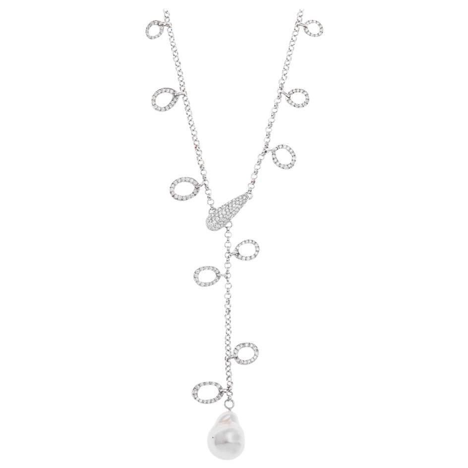 White Gold Baroque Pearl and 1.80 Carat Diamond Necklace For Sale