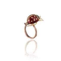 18 Karat Yellow and Black Diamond Enamel Ladybug Gold Statement Ring