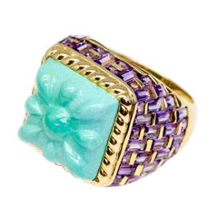 Basket-Weave 14 Karat Gold, Amethyst and Hand-Carved Turquoise Cocktail Ring